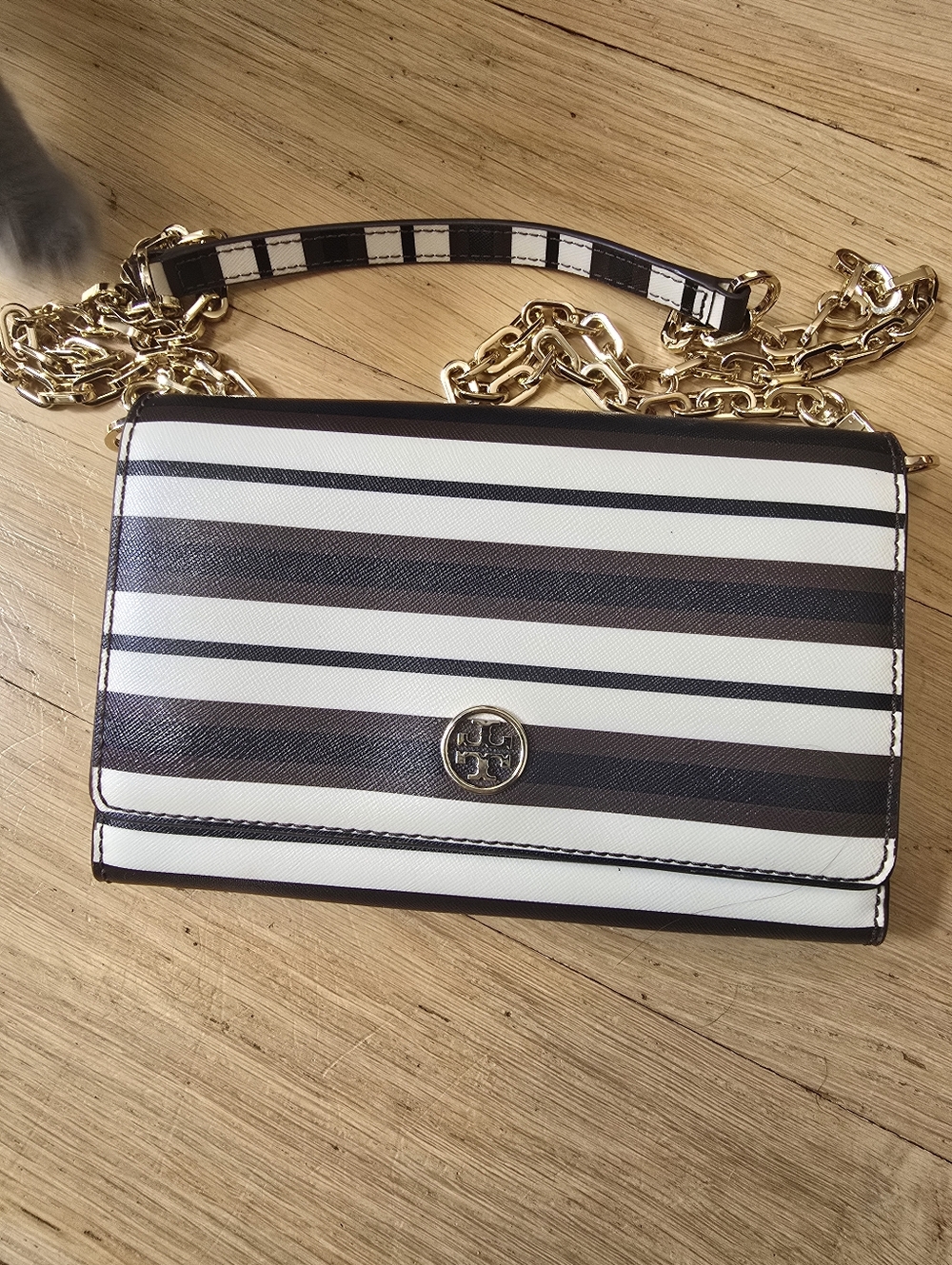Tory Burch Black, Dark Brown, And White Stripe Bag. Sleek Design With Gold Chain